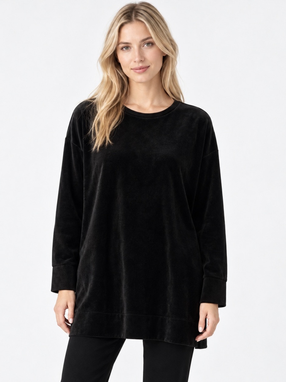 Eileen Fisher Black Cotton Velour Crew Neck Long Tunic Top Large